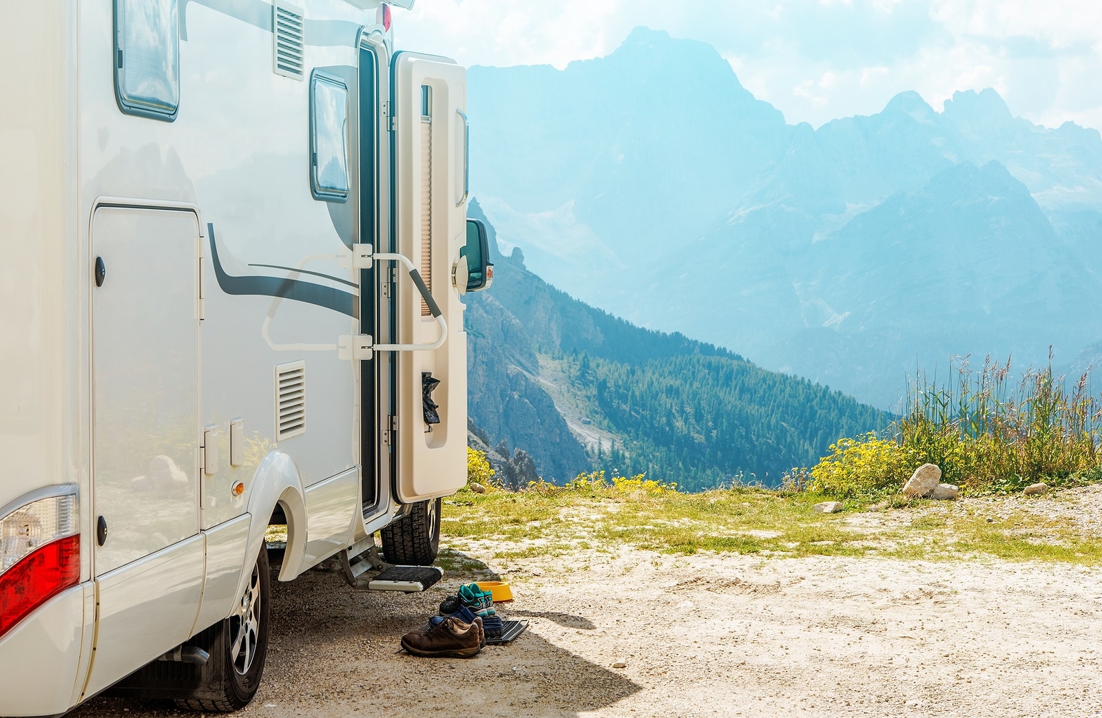 Motorhome RV Mountains Trip. Camper Camping and the Scenic Mountain View.