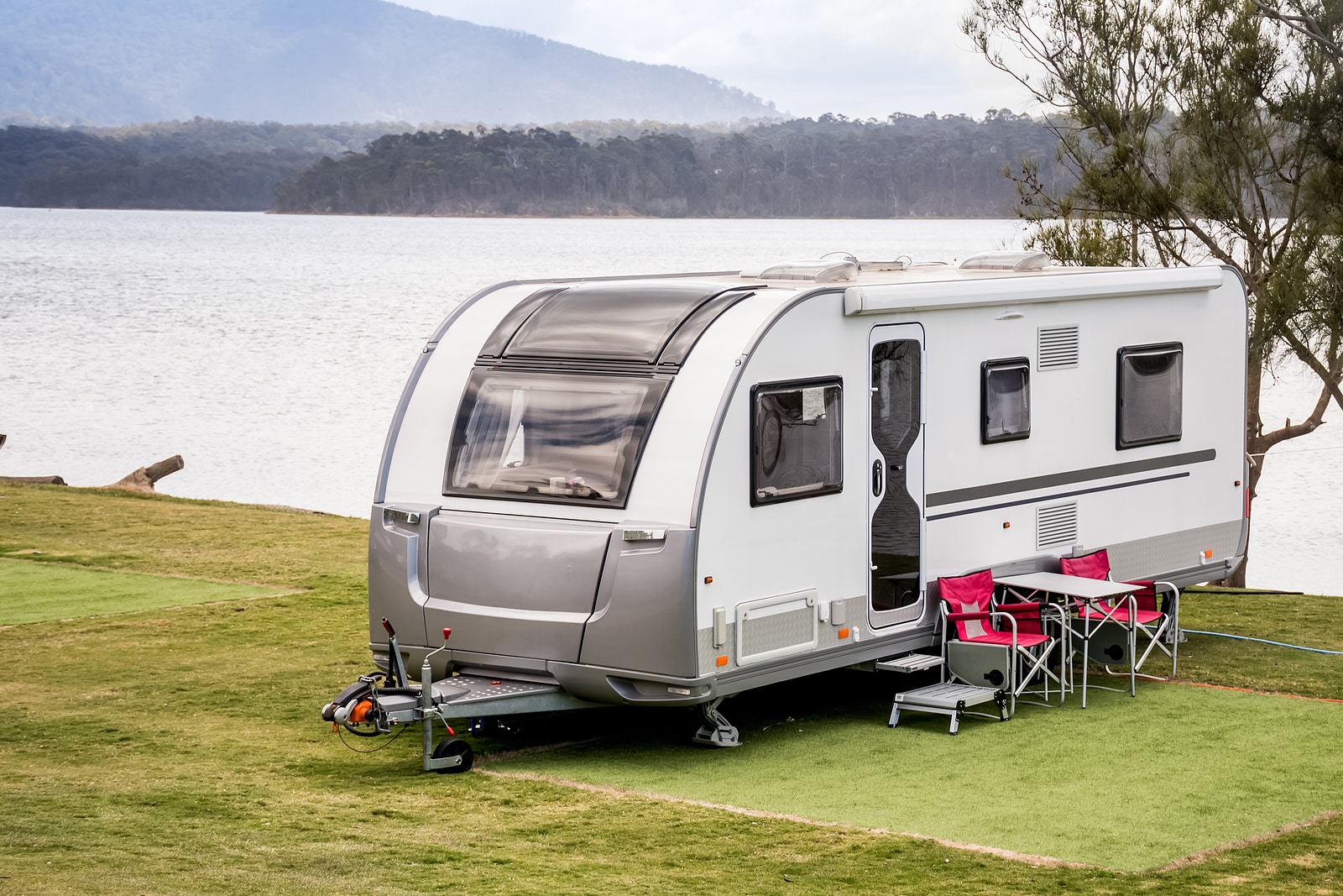 Rv Caravan Camping At The Caravan Park On A Peaceful Lake With M